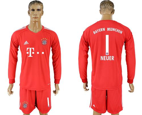 Bayern Munchen #1 Neuer Red Goalkeeper Long Sleeves Soccer Club Jersey - Click Image to Close